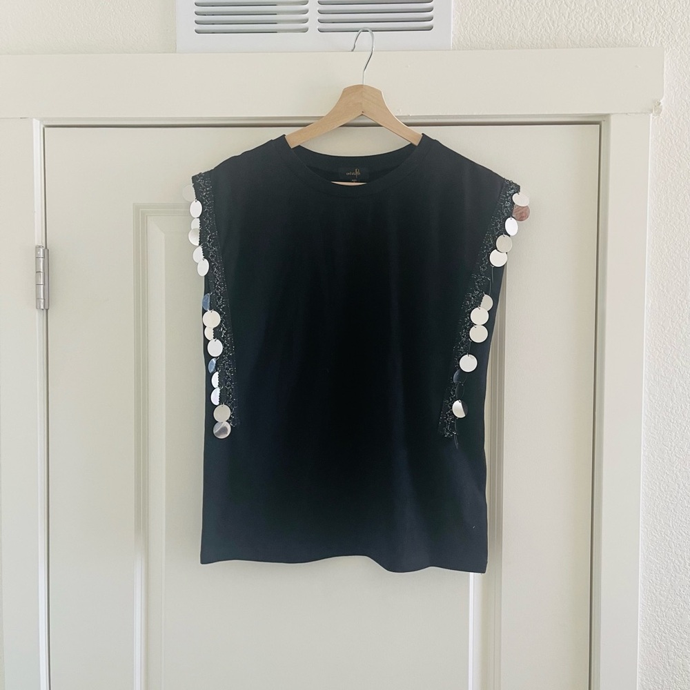 Black Boxy Muscle Tee with Silver Embellishments